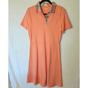 Lands End Women's Med Polo Midi Dress Peach & Plaid Cotton Preppy Old Money